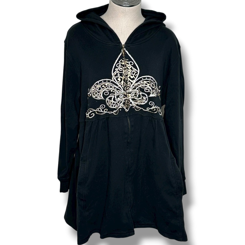Vintage Midnight Velvet Black Fleur de Lis Embellished Hooded Zip Jacket XL Y2K